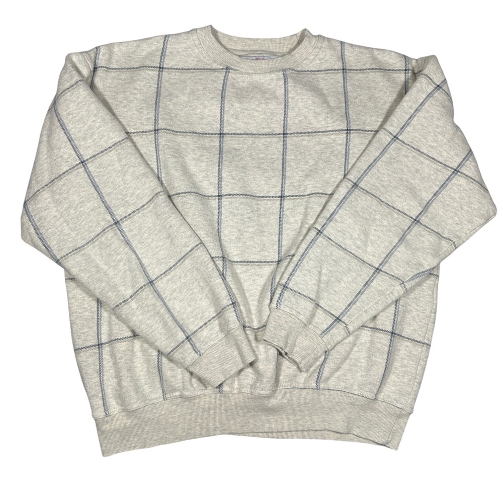Boca Classics Mens Medium Gray Blue Grid Windowpane Crewneck Sweatshirt RN63720